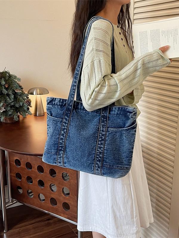 Women's Large Canvas Denim Tote - Lightweight and Versatile Shopping or Student Bag