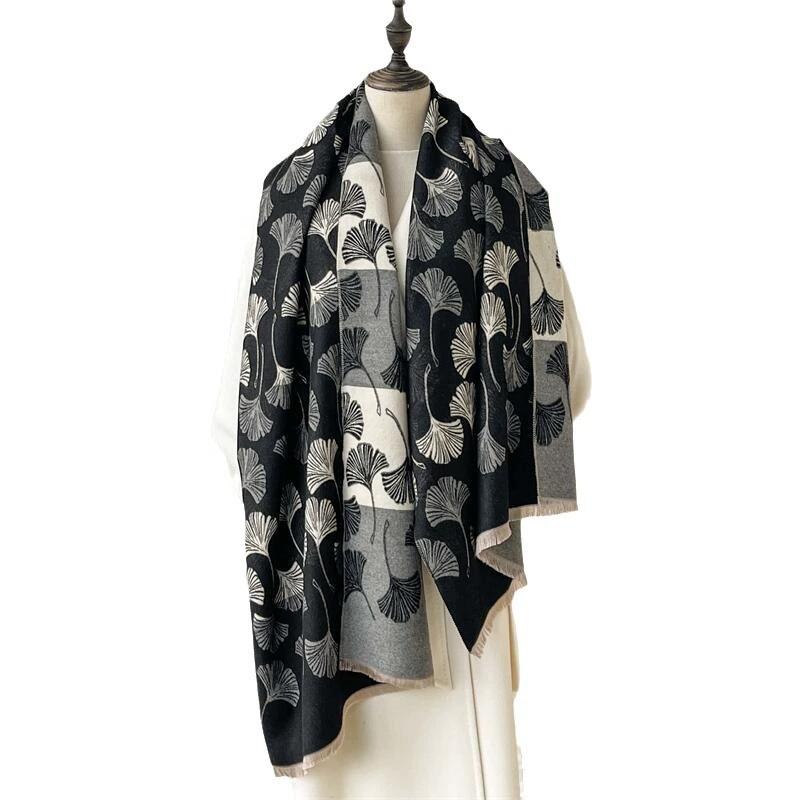 New Comfortable Fall-Winter Imitation Cashmere Scarf For Women Versatile And Elegant Leaf Design Style Thick Warm Shawls  Wraps