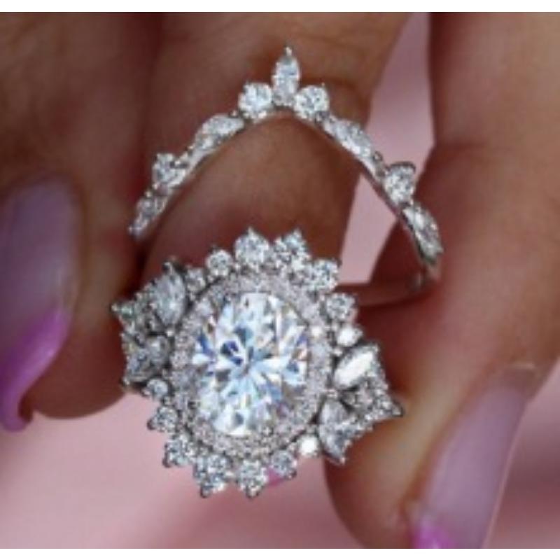 New European and American Style Egg Shaped White Diamond Horse Eye Set Ring Fashionable and Exquisite for Women