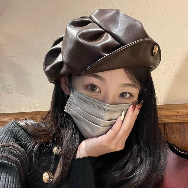 Pu Trendy Leather Beret For Women Vintage Style Sun Protection Cap Painter