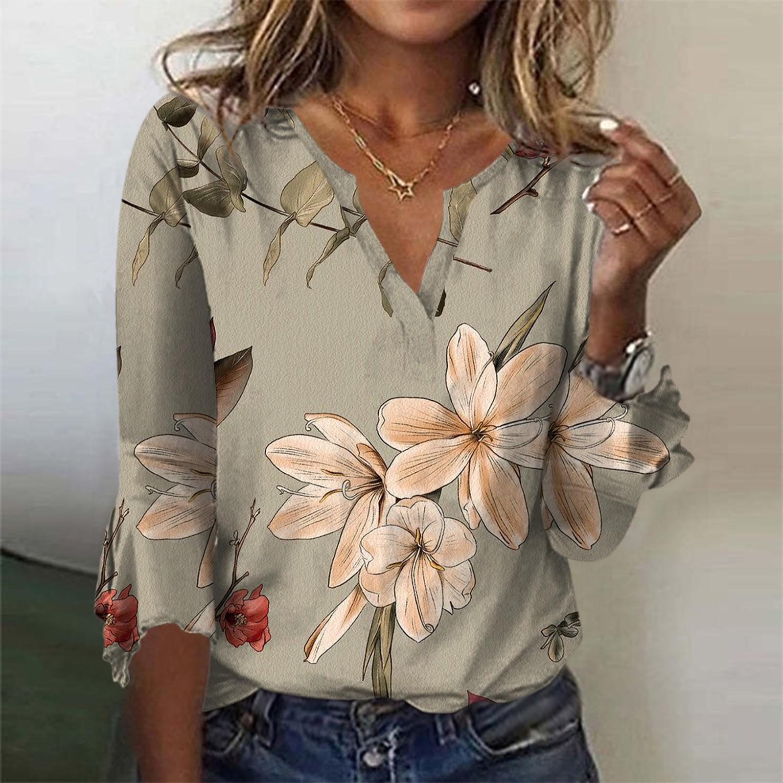 

Женский топ, свободные повседневные однотонные блузки с v-образным вырезом, футболка с рукавом 3/4 и колокольчиком L хаки