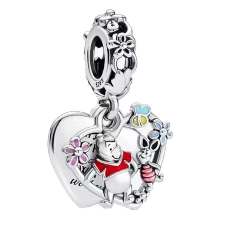 Miniso Disney 925 Silver Charms Bracelet Cute Cartoon Bear Dog Cat Fish DIY Bead Jewelry Women Accessories
