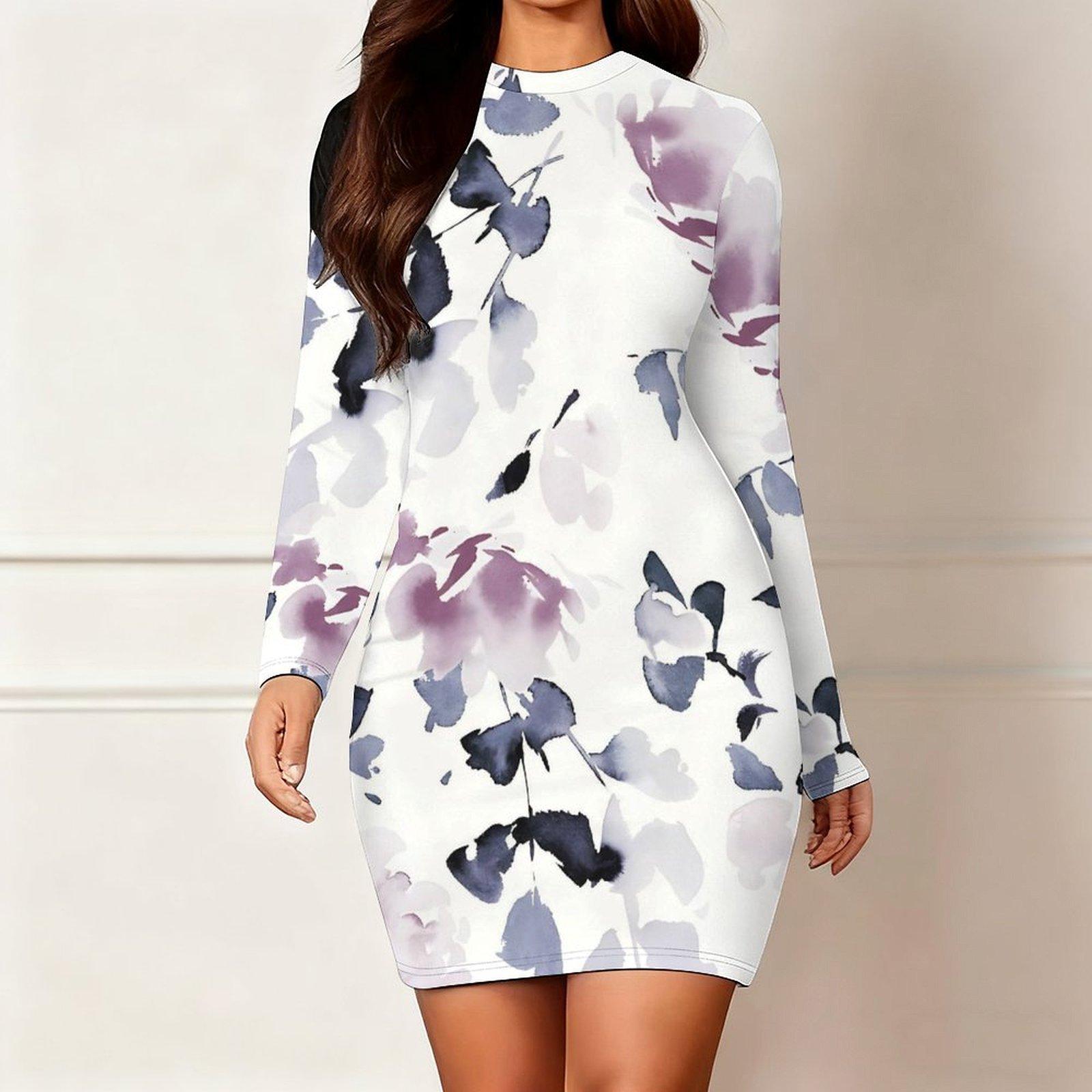 

2025 Осінньо-зимовий Новий Жіночий Модний Плаття з Довгим Рукавом та Круглим Вирізом, що Облегає Стегна, з 3D Квітковим Принтом та Фарбуванням, Обмежена Серія до Дня Святого Валентина XXL фіолетовий