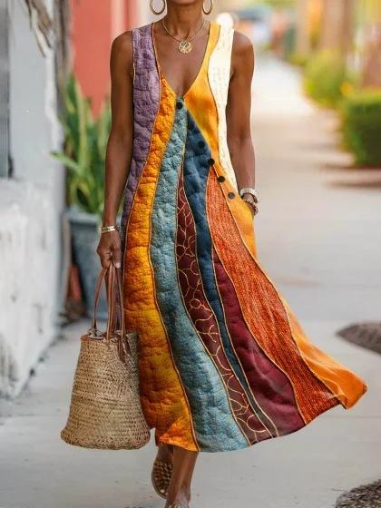 Summer V-neck Sleeveless Diagonal Button-up Vest Skirt Long Women's Vacation Casual Dress
