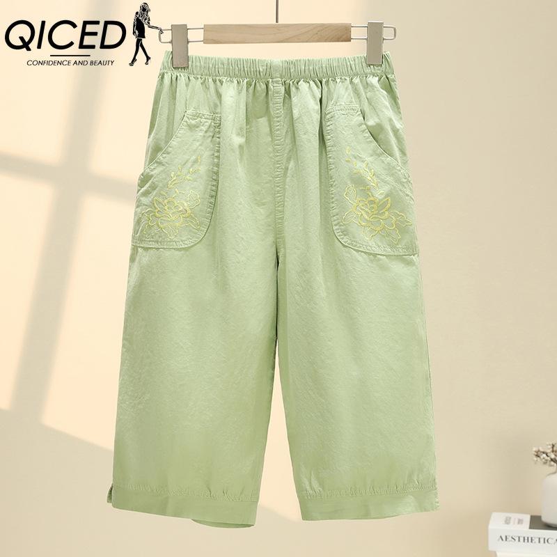 QICED Summer Women Elastic Waist Straight Trousers Middle Age Older Women High Waist Straight Pants Washed Cotton Cropped Plus Size Pants