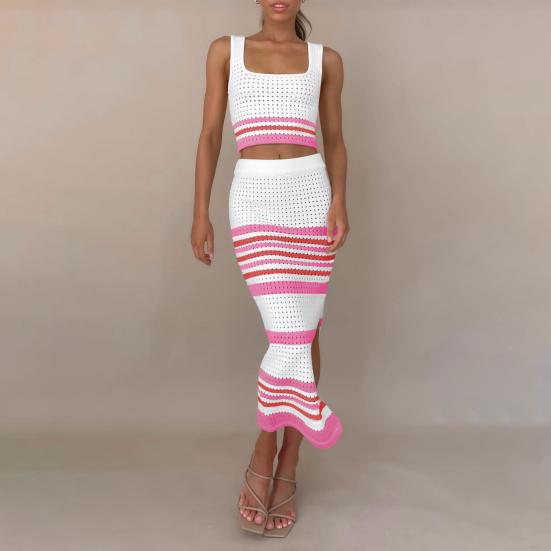 Two Piece Skirt Set for Women Striped Bodycon Slit Midi Skirt And Sleeveless Crop