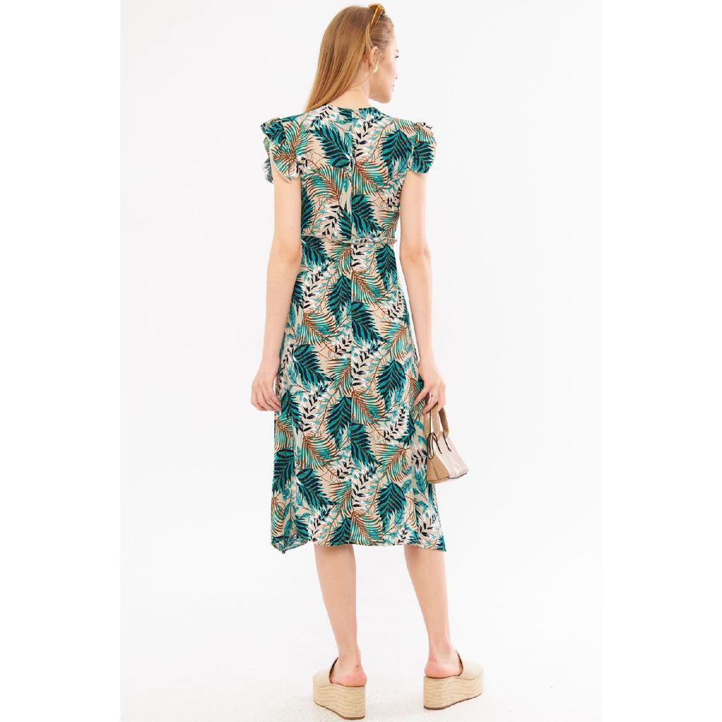 Vestido midi beige para mujer, cuello cruzado, volantes en los hombros, cintura elástica, largo midi, mangas 24y001020