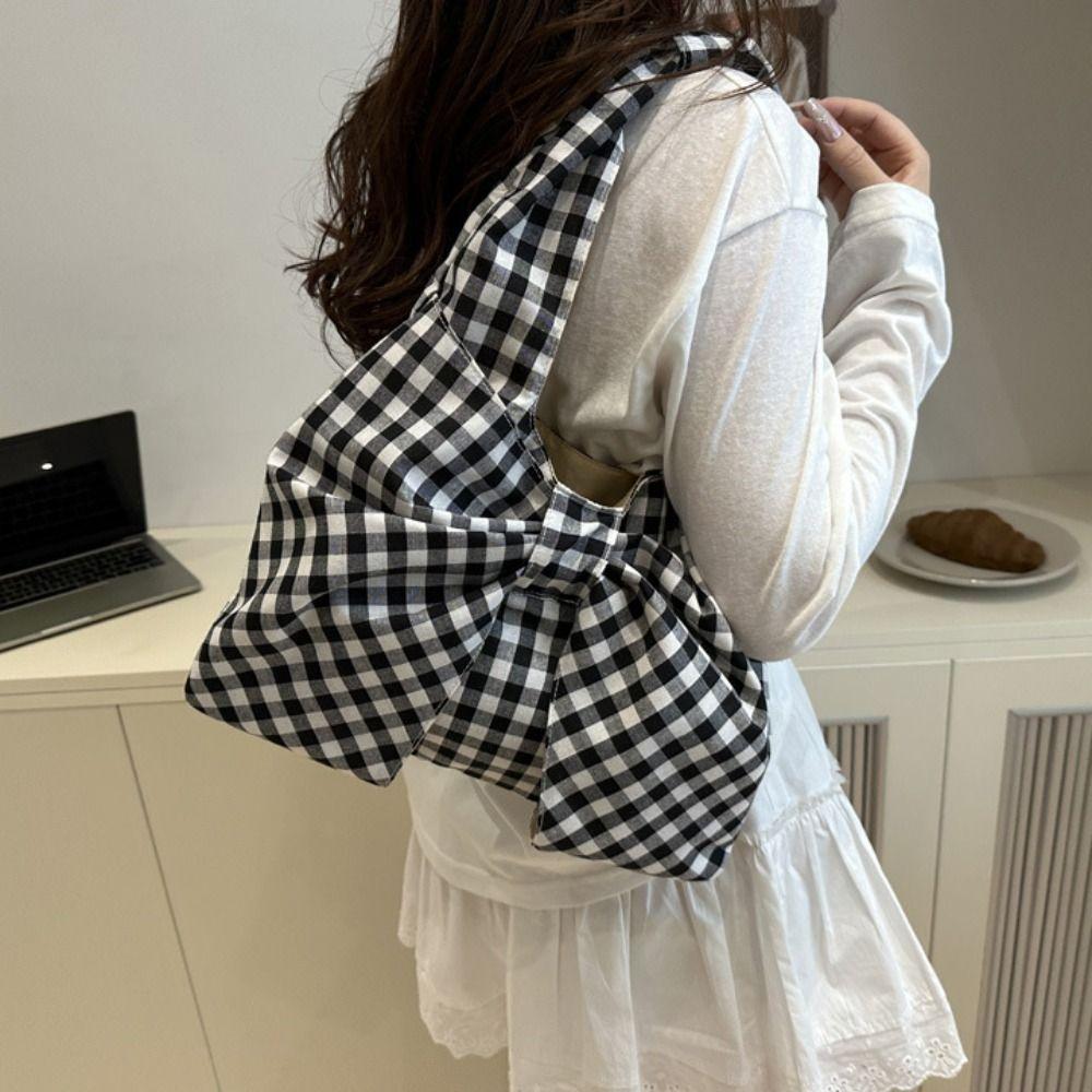 Large Capacity Bow Shoulder Bag Korean Style Plaid Tote Bag Casual Handbag  Women
