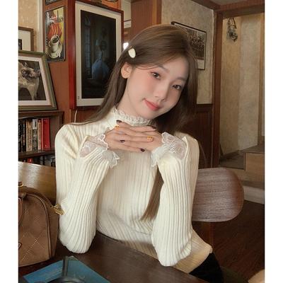 Chic Semi-turtleneck Lace Splicing Bottoming Shirt Women's Spring and Autumn Winter Temperament Knitted Sweater Fake Two-piece Inner Top