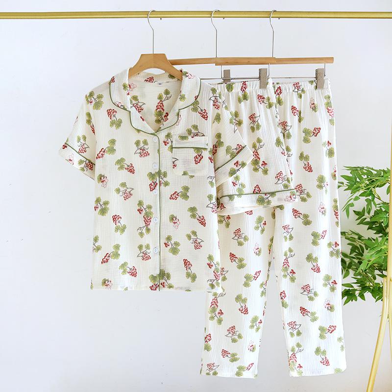 Women's Spring/Summer Pajama Set 100% Cotton Crepe Short Sleeves+Shorts+Pants Three Piece Thin Home Furnishings Pajama