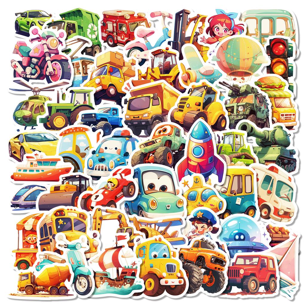 50 24-Year-Old Animated Vehicle Series Stickers Cartoon Truck Excavator Decorative Suitcase Children'S Stickers
