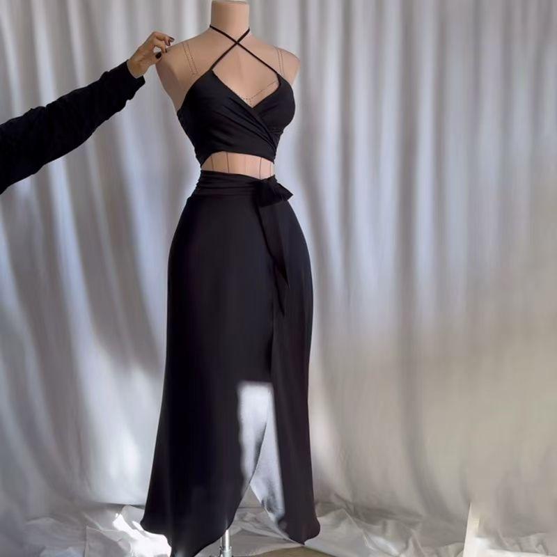

European and American New Seaside Vacation Tube Top Vest Skirt sets Tie up Vest Half Skirt Set Black S