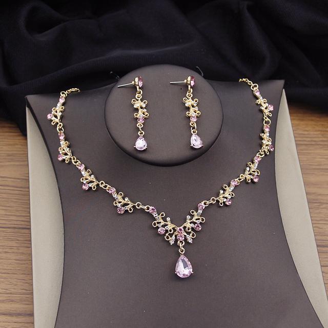 Luxury Pink Crystal Bridal Jewelry Sets Tiaras Earrings Necklace Sets for Women Party Crown Wedding Necklaces Set Bride