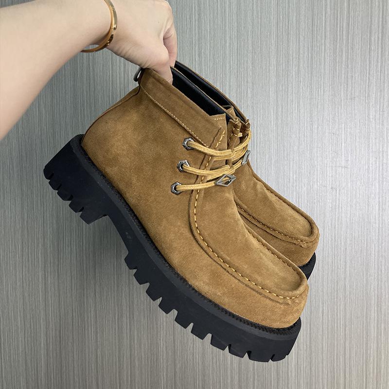 Nya Produkter Dam Derby-skor Läder Brun Mocka Rund Tå Snörning Tjock Sula Mångsidig Loafer För män