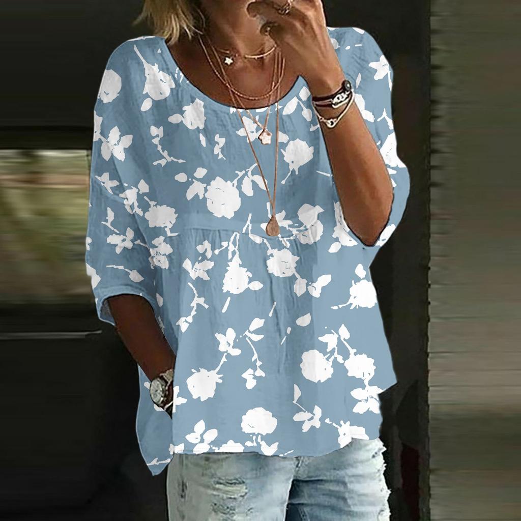 Damen Casual Mode Dreiviertelarm Locker Rundhals Floral Bedrucktes Oberteil