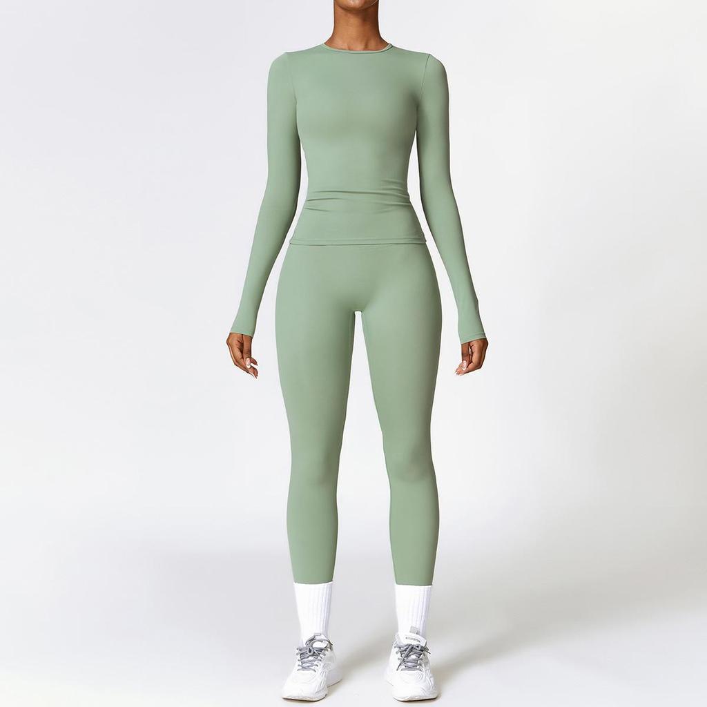 Damen Herbst/Winter Gebürstetes Langarm Yoga Set mit Elastischen Tights