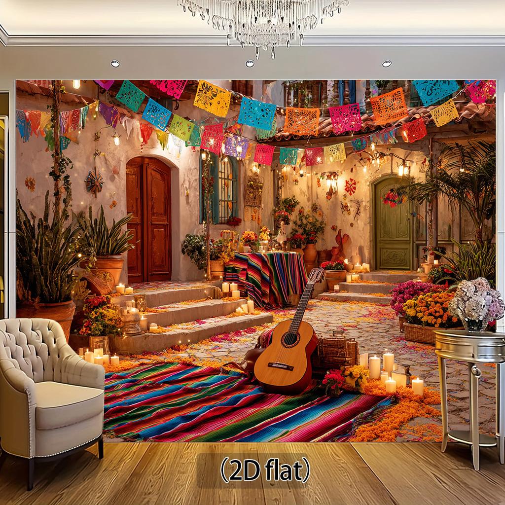2D plane 1 vivid Mexican party background - colorful paper pieces and peanut flowers guitar design polyester