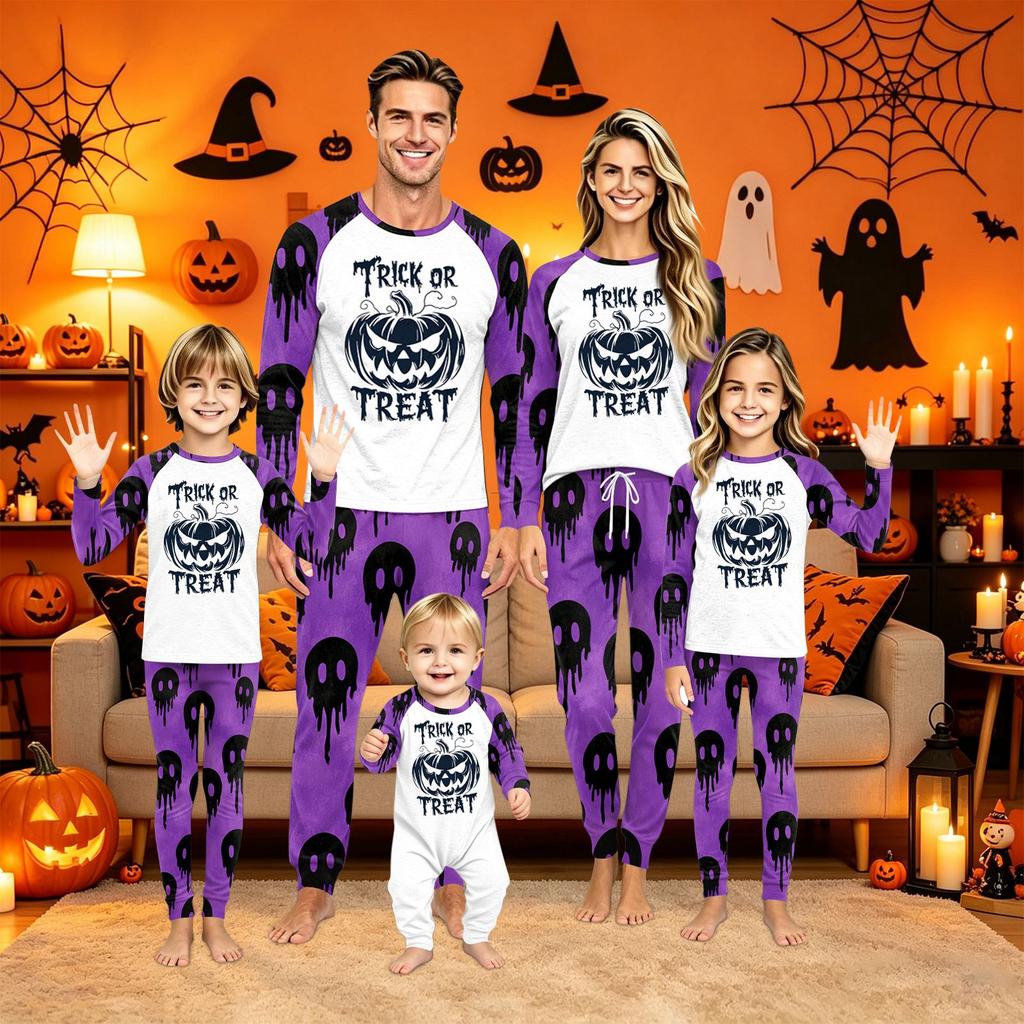 Family Matching Halloween Pajama Set - Color Block Raglan Long Sleeve Round Neck Top and Pants Loungewear for Parents and Kids