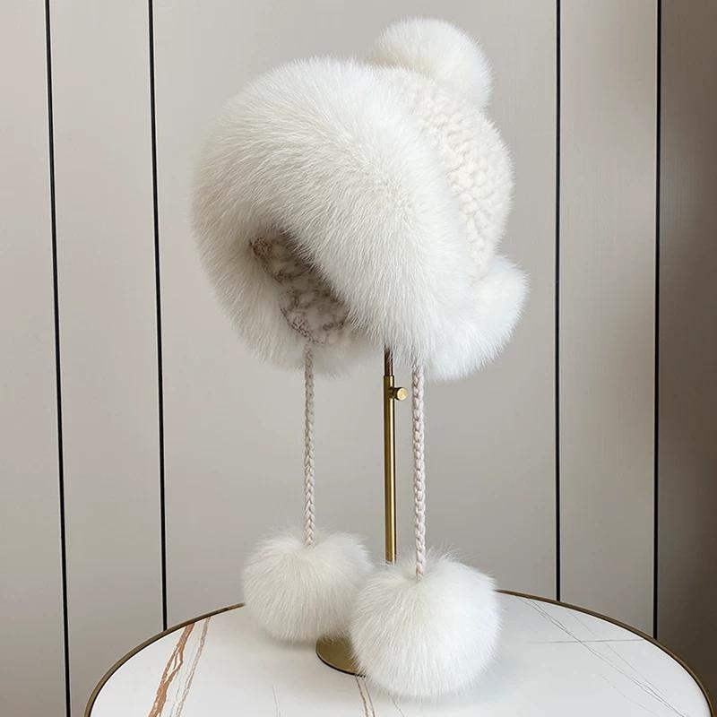 New Winter Warm Mink Hair Woven Fox Hair Ear Protection Fur Hat Female Cute Real Hair Ball Snow Hat