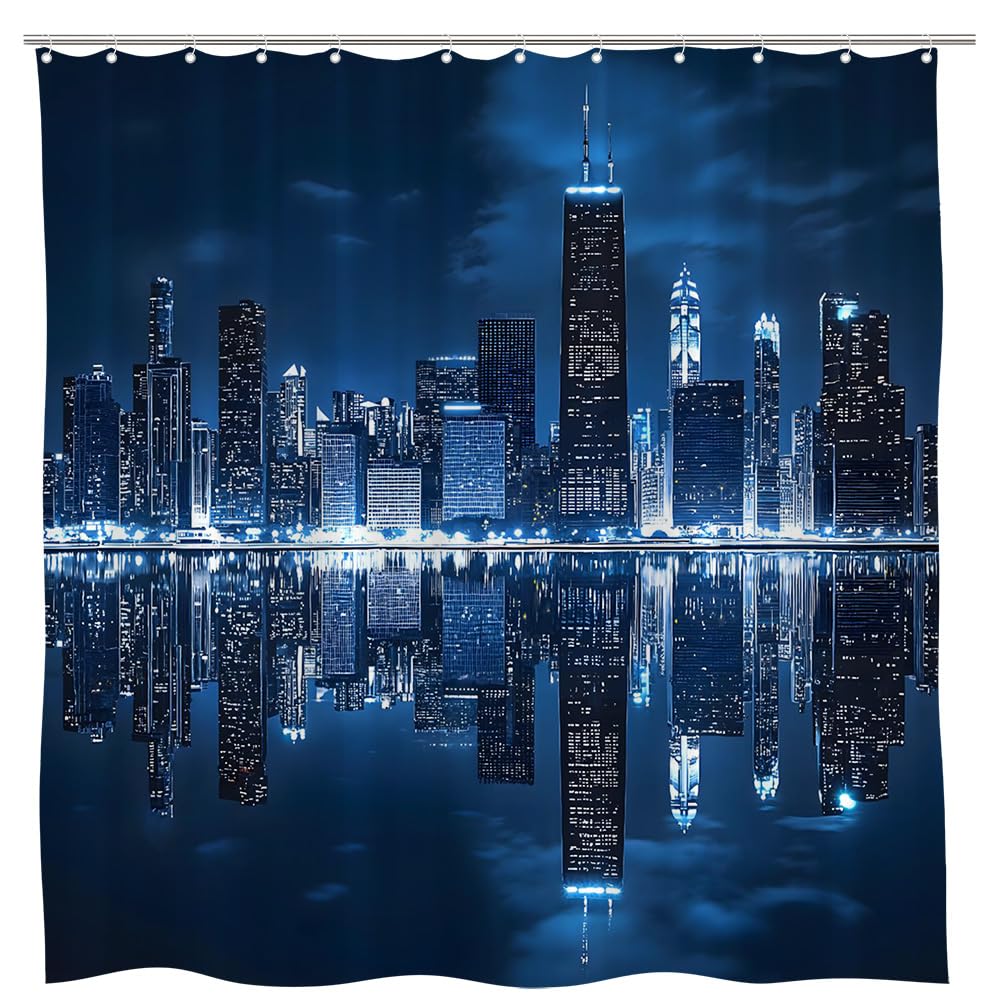 Cityscape Shower Curtain, Modern Skyscraper Skyline Famous Building Bathroom Curtain Waterproof Fabric Shower Curtain With Hooks