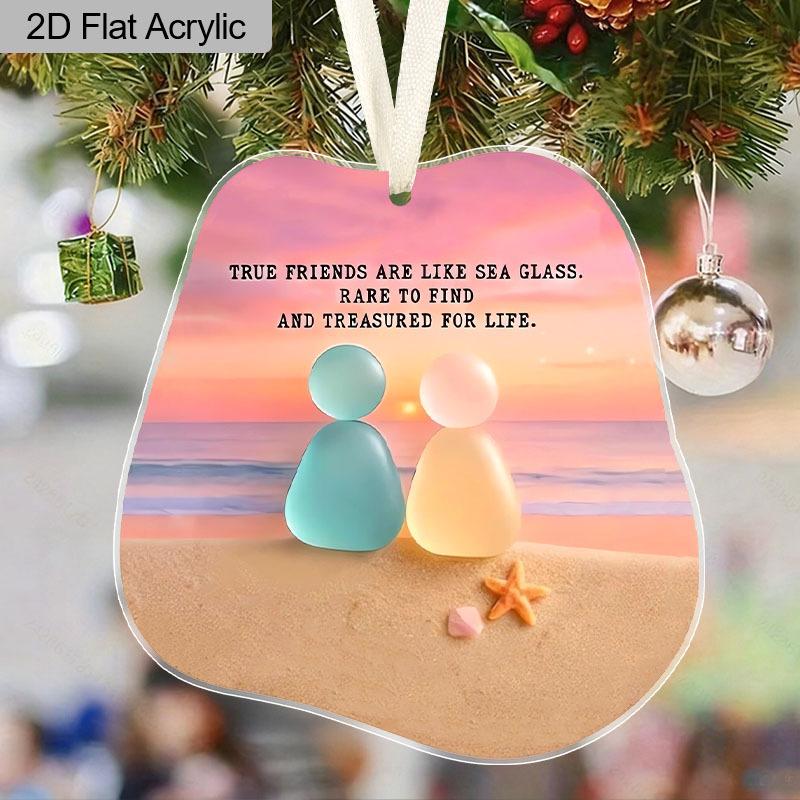 1pc/2pcs Friendship Acrylic Ornament, True Friends Nspirational Quote Beach Sunset Design, Sentimental Hanging Decor for Christmas Tree, Keepsake Gift