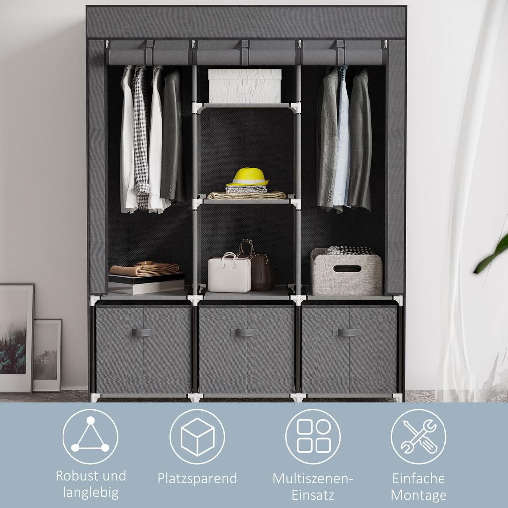 Fabric Wardrobe made of Non-Woven Fabric, Folding Wardrobe, incl. 3 Drawers, 125 cm x 43 cm x 162.5 cm, Grey