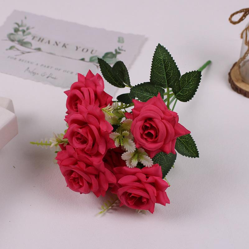 10pcs Simulation 7-head Corner Roses Bouquet Light Luxury Silk Pink Flowers Wedding Auditorium Decoration Rose Artificial Flower