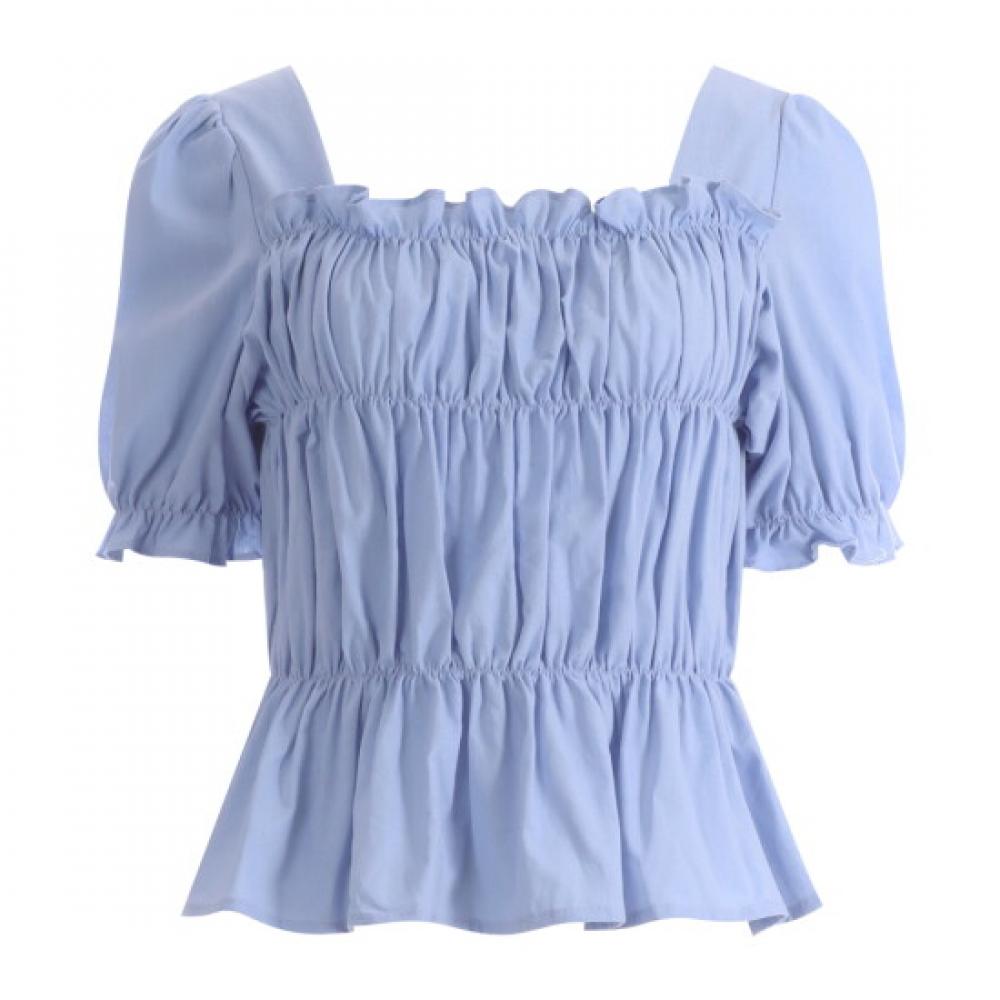 Shop Women Linen Shiring Square Puff Short Sleeve Smock Blouse So Blue Ean Wbl