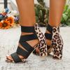 Leopard Sandals Fashion Round Toe Open Toe Open Toe Rear Zipper Non-Slip Wear-Resistant Block Heel Shoes