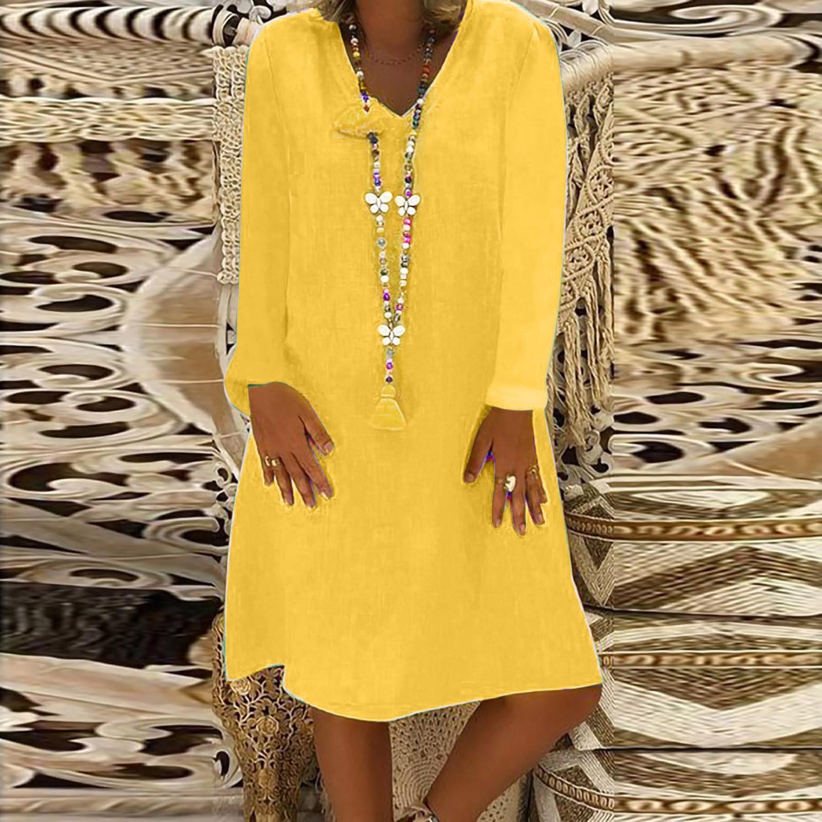 

(Отличный дом)Женская мода сплошной цвет V-образным вырезом с длинным рукавом из хлопка и льна свободное платье M жёлтый