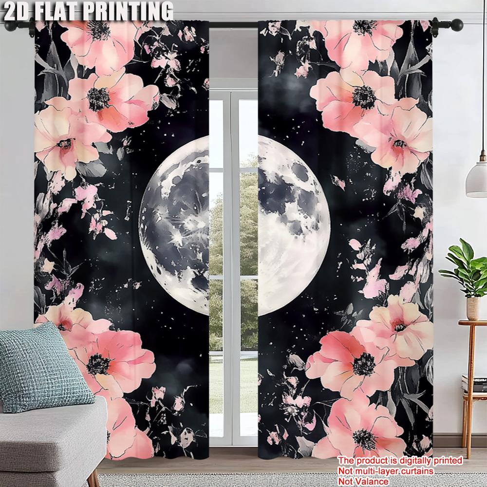 

Set Of 2 Floral Curtains Design Easy Hanging Polyester Drapes Bedroom Office Contemporary Made Machine Washable Window Treatment W100*H70(CM)-Hooks&2PCS