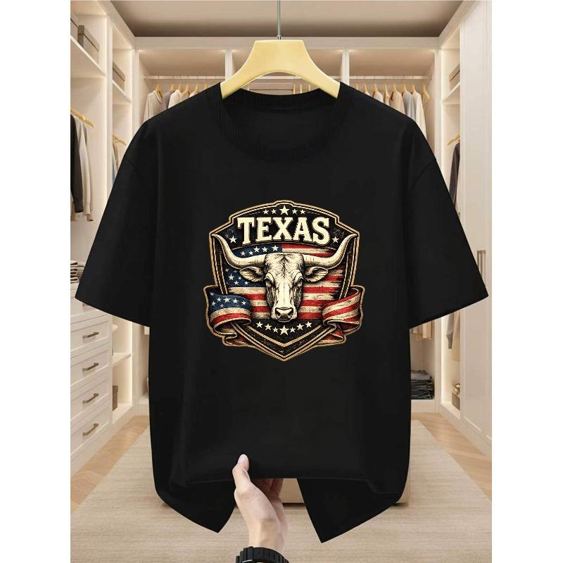 European sizes Men s Cotton Featuring Texas Longhorn Bull American Flag Graphic Comfortable Casual Short-sleeved T-shirt in Summer S чёрный