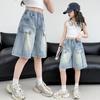 Long Style Kids Child Design Jeans Capris Shorts with Fake Pocket for Girls High Fashion Summer Mid-Calf Denim Shorts