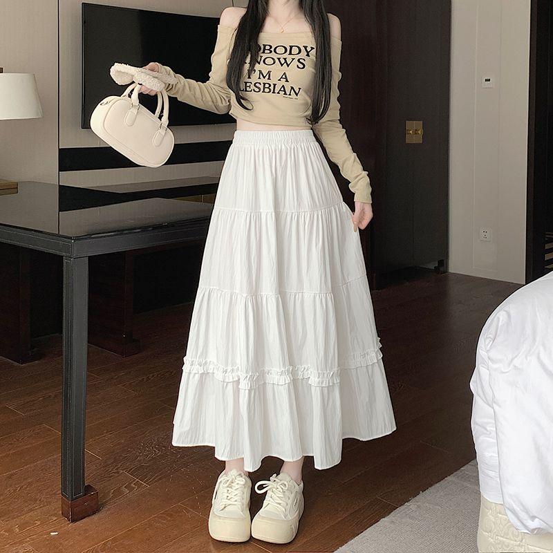 

Белая юбка для женщин 2025 Новая юбка Длинная с высокой талией Приталенная Повседневная Лоскутная А-силуэта Платье-торт с деревянными ушками White Quality Edition M