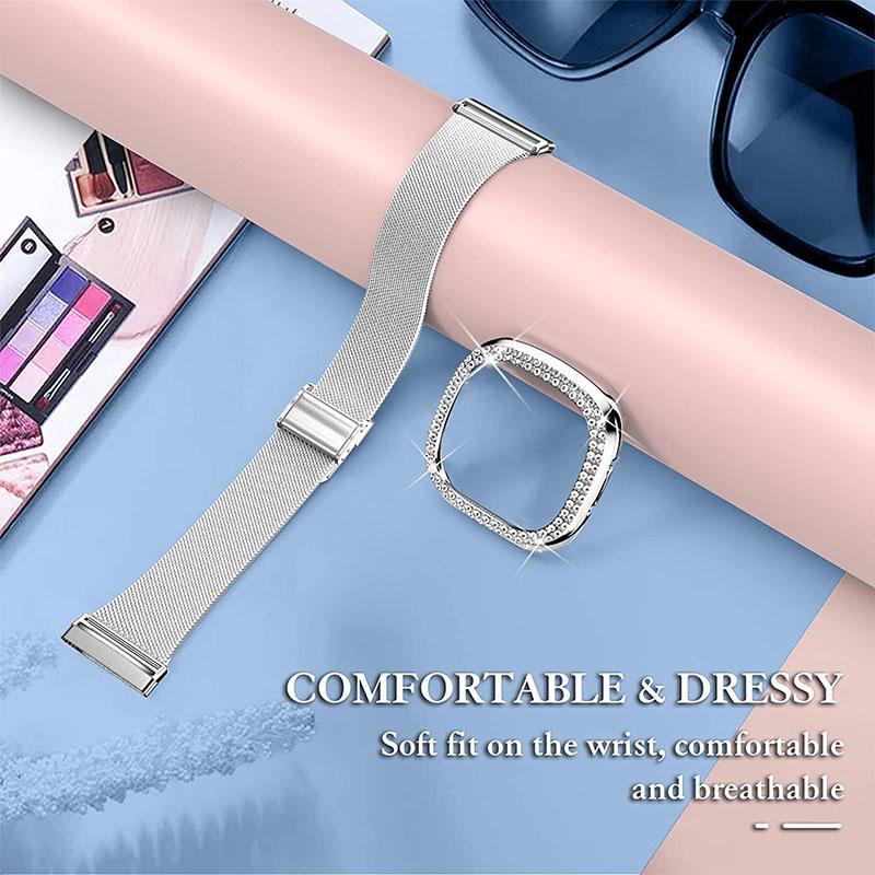 

Milanese Watch Band Stainless Steel Smart Bracelet Watch Strap Fashionable Wrist Strap with Watch Cover Case for Fitbit Versa 3/Fitbit Sense Silver