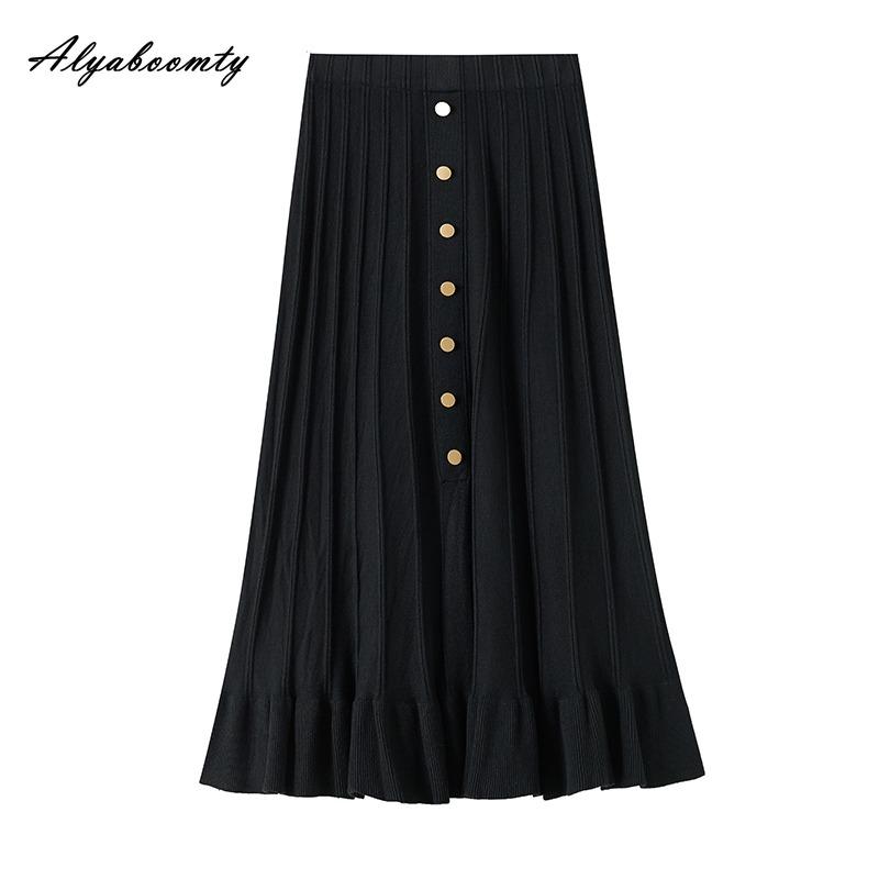 French Style Autumn Winter Women Knitting Skirt High Waist Beige Black Knitted Ruffles Skirt Elegant Feminine Split Ladies' Skirts Womens