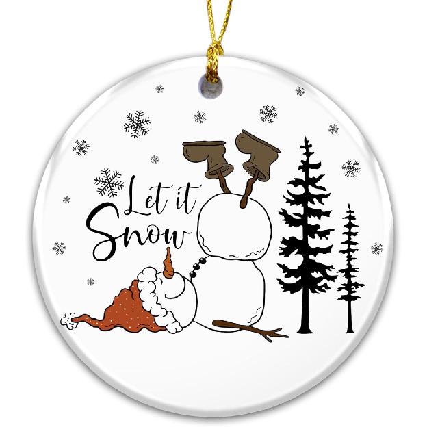 Funny Snowman Ornament 2025, Let It Snow Ornament – Gift for Family and Friends – Cute Fallen Snowman with Santa Hat and Boots – Humorous