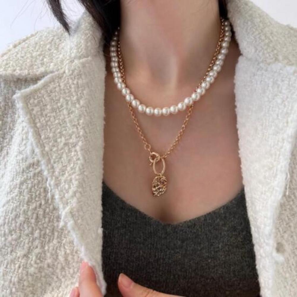 New Arrivals Open Run Women Bead Pearl Chain Layered Flat Necklace