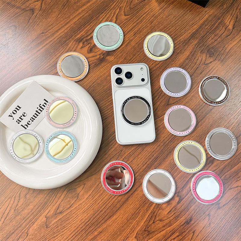 Round Mirror Magnetic Suction Mobile Phone Airbag Bracket Base Portable Makeup Mirror Simple Mirror Sticker Refrigerator Sticker Makeup Mirror
