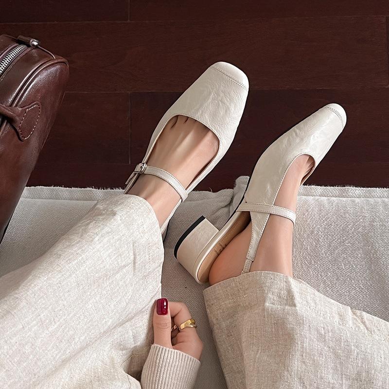 2025 new gentle shoes French bag head empty sandals Mary Jane small leather shoes thick heel versatile summer women's shoes