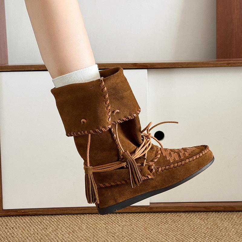 New Retro Inner Heightening Tassel Woven Strap Boxing Boots Slim Push Boots