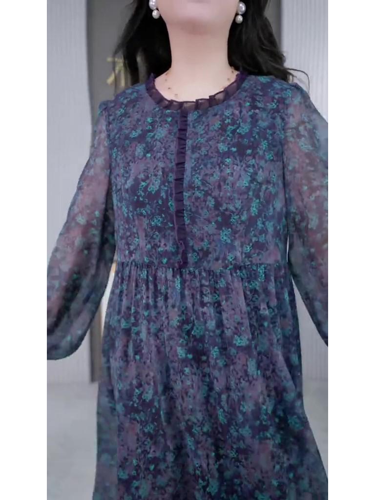 Spring Floral Long Sleeve Chiffon Dress for Middle-Aged Mothers