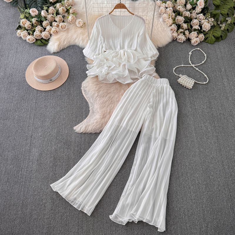 

Fancy Adult Lady like Woman Women s Lightly Mature Waist Trimming Ruffles Ruched Puff Sleeve Top High Waist Wide Leg Suit White One size