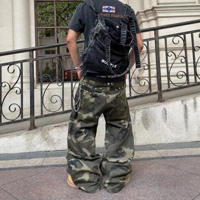 Mens Relaxed Fit Camo Cargo Denim Pants High Waist Straight Leg Wide Jeans 2026