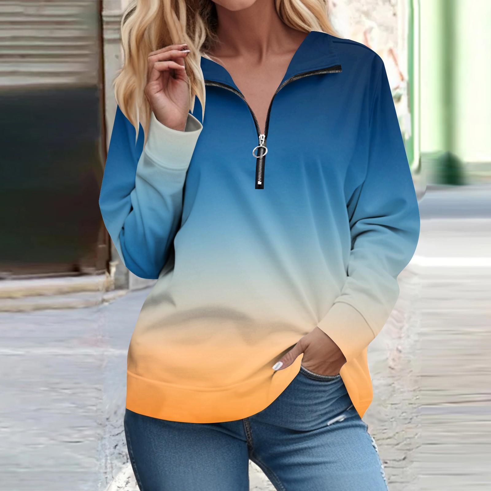 

Рубашки на молнии с длинным рукавом для женщин Градиентная печать Графические футболки Блузки Повседневные топы Пуловер M