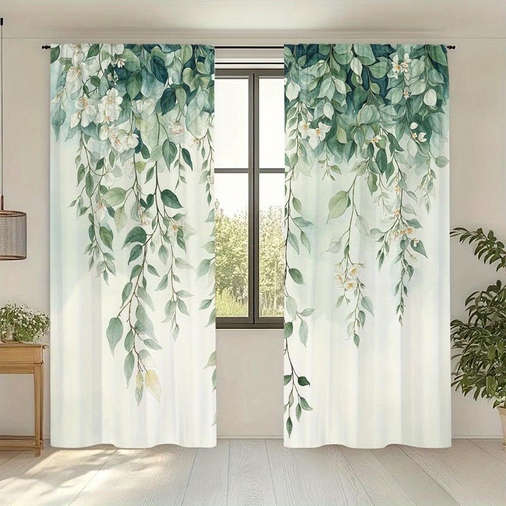 2pcs Botanical Green Leaves Floral Curtains Watercolor Style White Flowers Pattern HD Digital Printed Semi-Sheer Curtains for Li