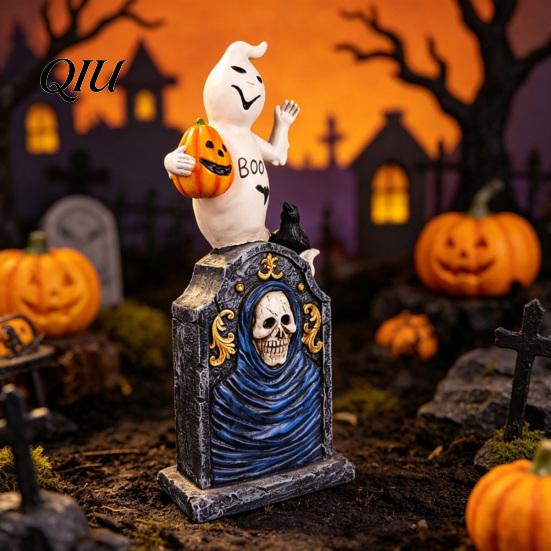 Pumpkin Crow Decor Halloween Tombstone Figurine, Resin Ghost on Dark Style Holiday Figurines Statue for Desktop Haunted House Party Collectible Horror