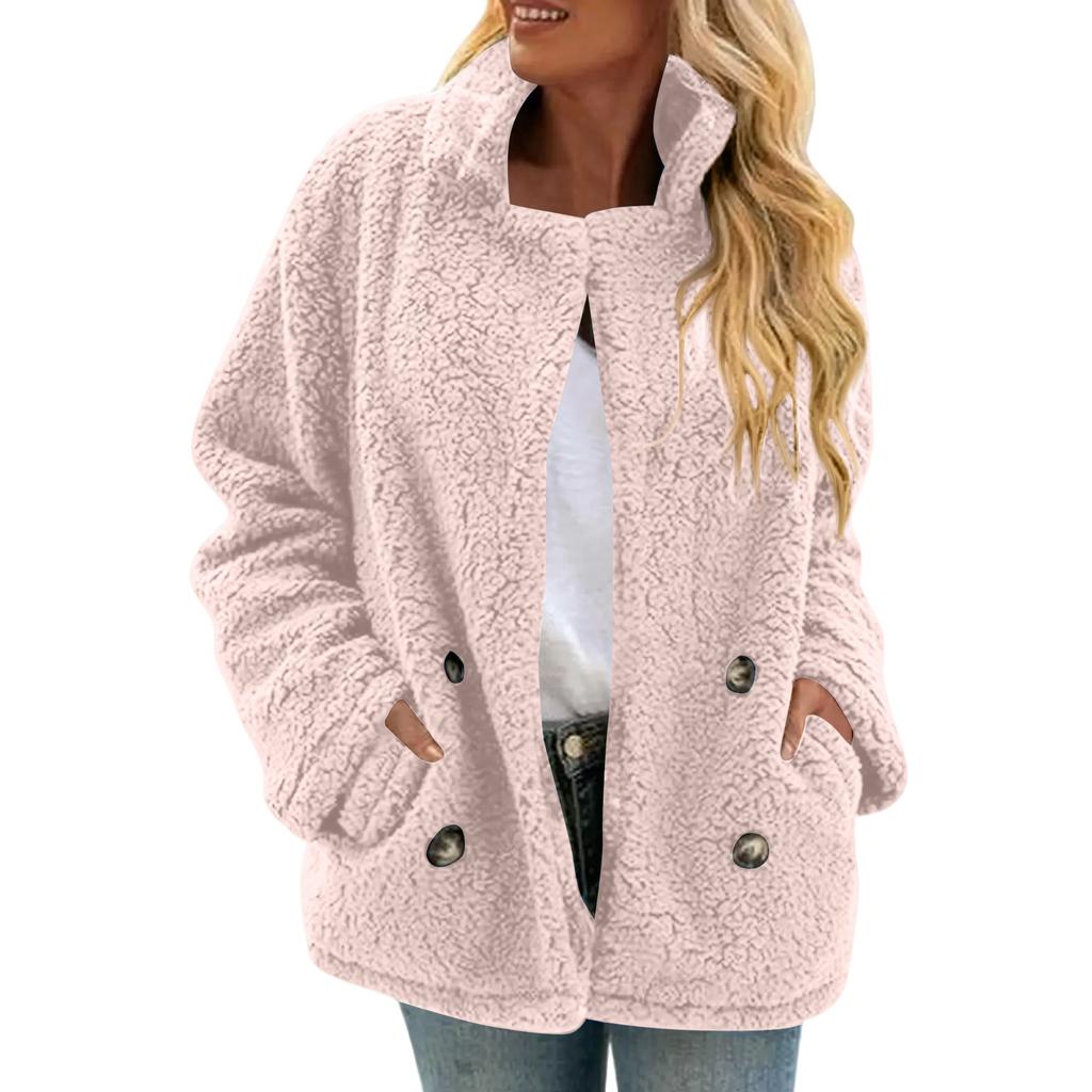 Damen Kariert Doppelseitig Plüsch Aufgesetzte Tasche Knopf Strickjacke Lässiges Oberteil Jacke