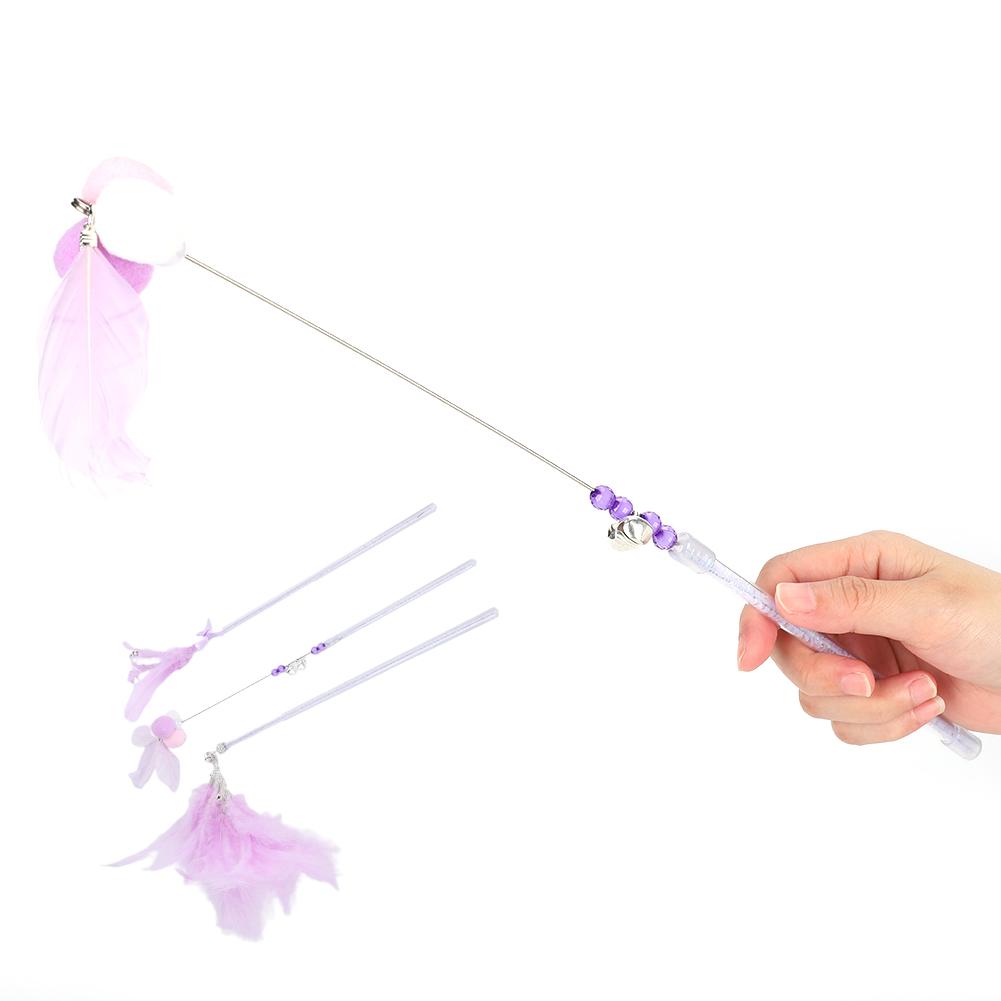 3er Set Katze Lustiger Stab Zauberstab Schleifendesign Haustier Teaser Spielzeug mit Knuspriger Glocke und Feder