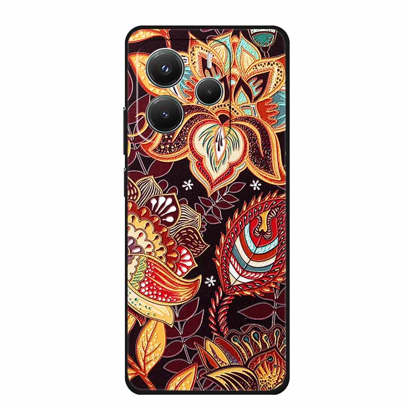 3D Emboss Case For Xiaomi Redmi Note 14 Phone Case Flowers Black Silicone Soft Back Cover Coque For Redmi Note 14 5G Global Case